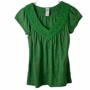 Anthropologie Green V-Neck Short Sleeve 100% Cotton Pullover Top Size S